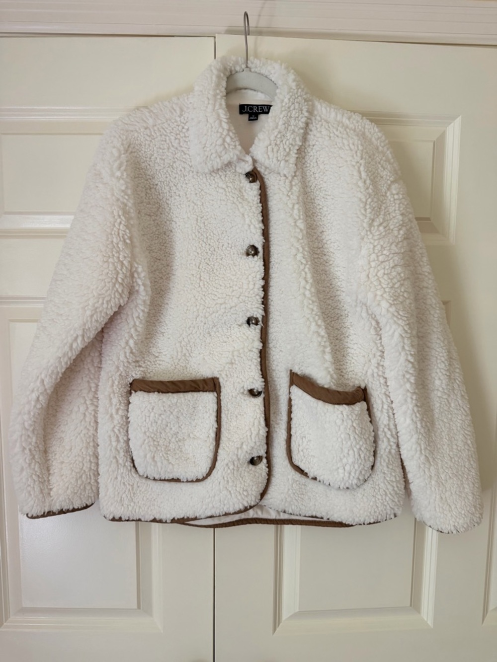J. Crew Cream Teddy Jacket with Brown Trim